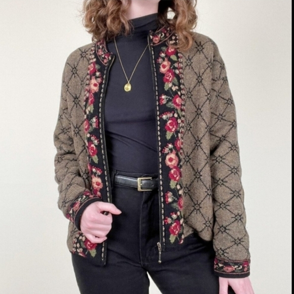 Icelandic Design Vintage Wool Floral Embroidered Olive Zip Front Jacket Size M - Picture 4 of 15